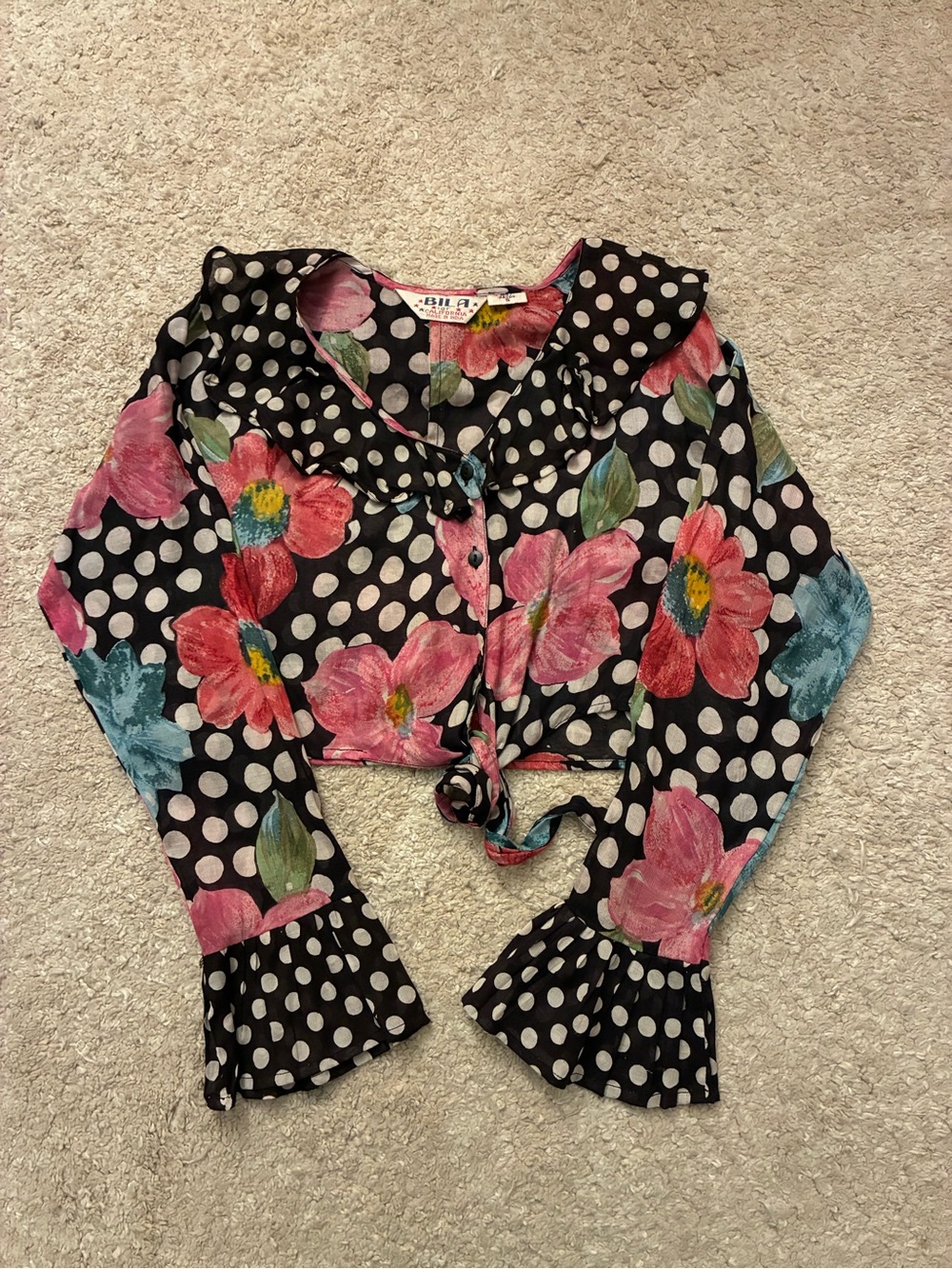 Vintage Bila California Floral Polka Dot Tie Front Blouse S